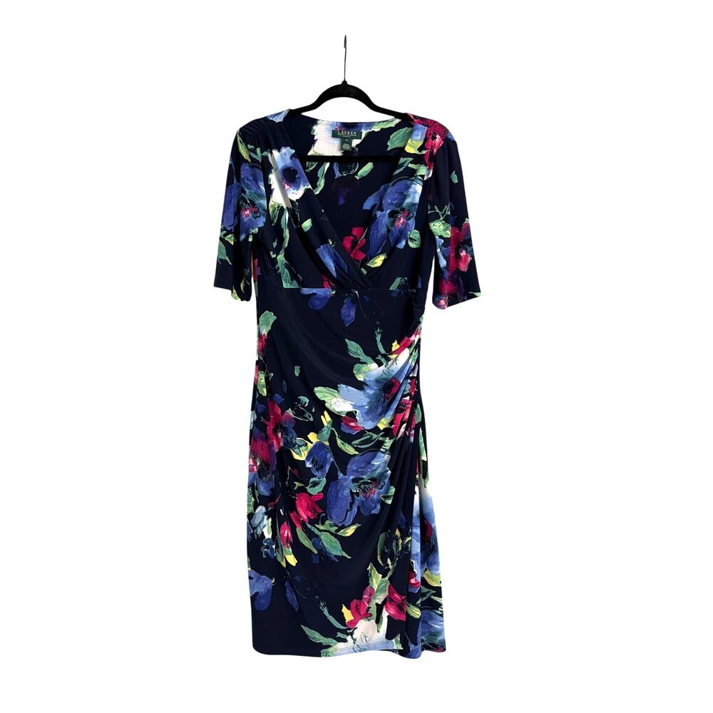 Lauren Ralph Lauren Floral Faux Wrap Cinched Side Midi Blue Dress Size 10